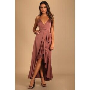 Lulus Enchanted Moments Mauve Pink Satin Ruffled High-Low Surplice Dress XS